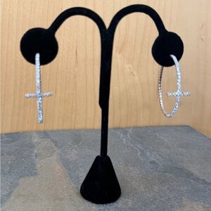 Super Sparkly Silver Rhinestone Cross Hoop Earrings